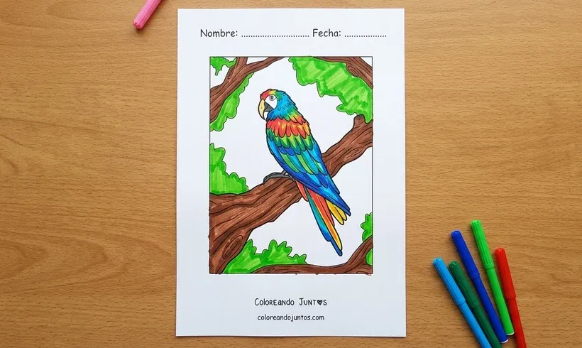 Dessin d'un ara perché sur une branche colorié aux marqueurs