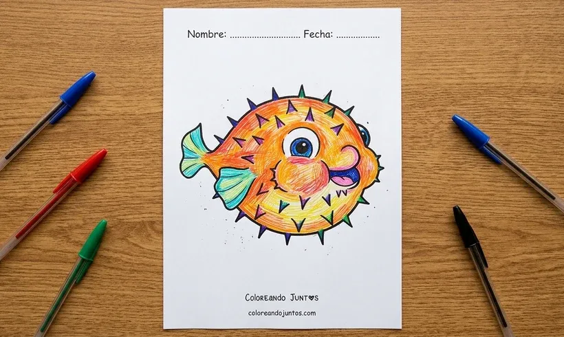 Dessin d'un poisson-globe gonflé colorié avec des stylos de couleur