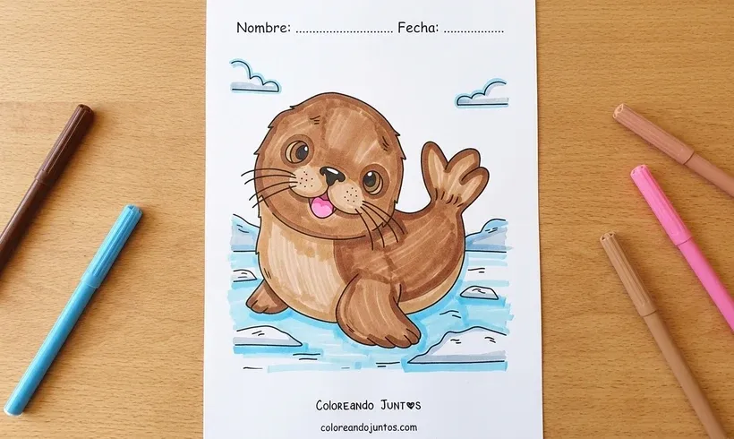 Dessin d’un bébé phoque du Groenland colorié aux feutres