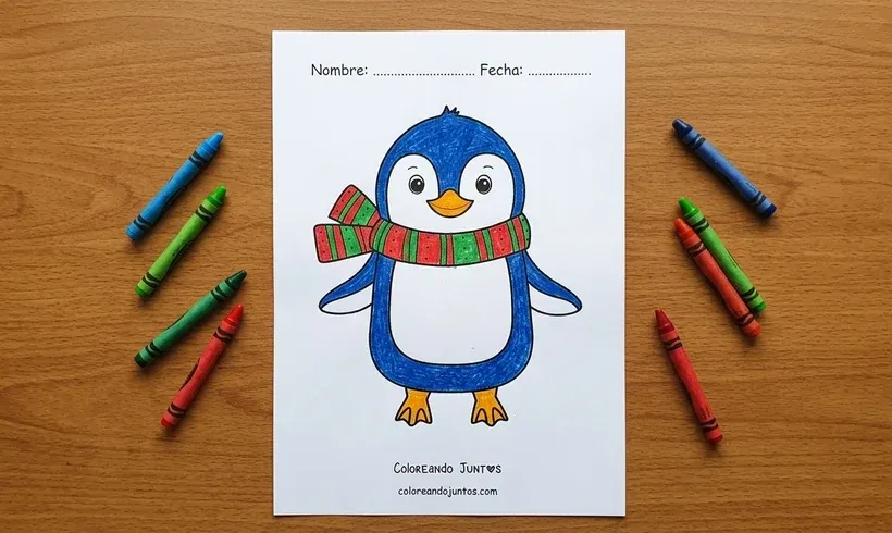 Dessin d'un pingouin avec une écharpe colorié aux crayons de cire