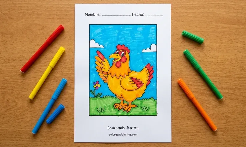 Dessin d une poule de dessin anime qui salue avec son aile avec un grand sourire, coloriee aux marqueurs