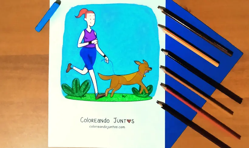 Dessin d’une fille qui promène son chien colorié par Colorions Ensemble
