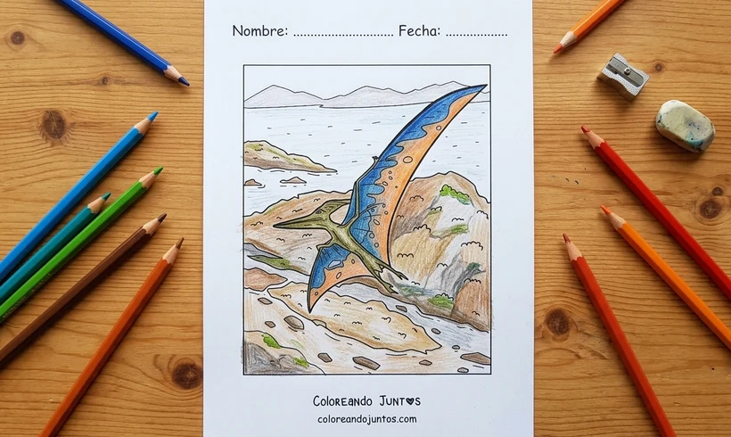 Dessin d'un ptérodactyle planant au-dessus d'une île colorié aux crayons de couleur