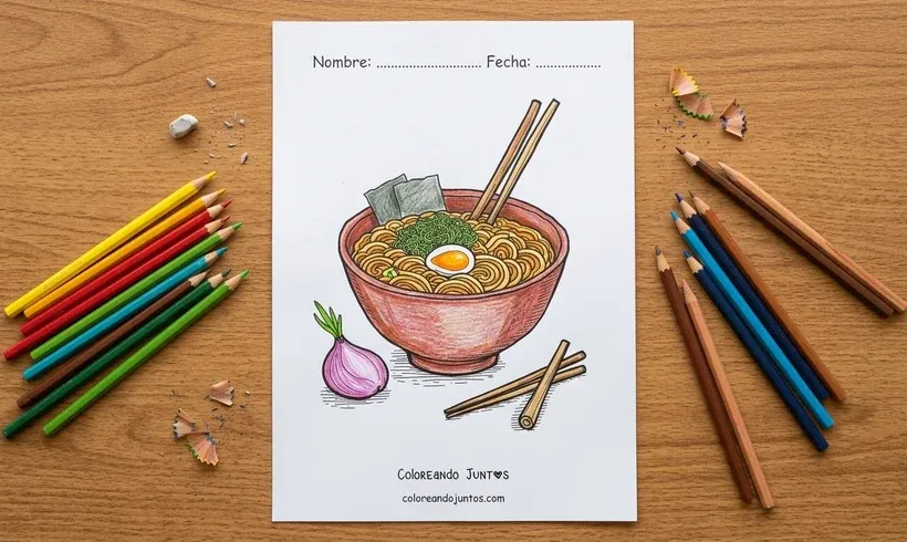 Dessin d'un bol de ramen avec un oeuf colorié aux crayons de couleur