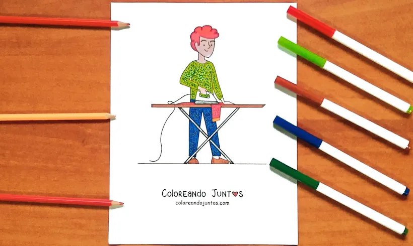 Dessin d’un homme repassant le linge colorié par Colorions Ensemble