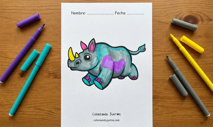 Dessin d'un rhinocéros de dessin animé qui court colorié aux feutres