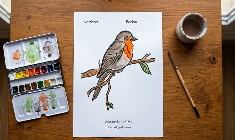 Dessin d'un rouge-gorge perché sur une branche colorié à l'aquarelle