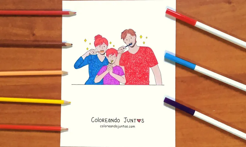 Dessin d’une famille en train de se brosser les dents colorié par Colorions Ensemble