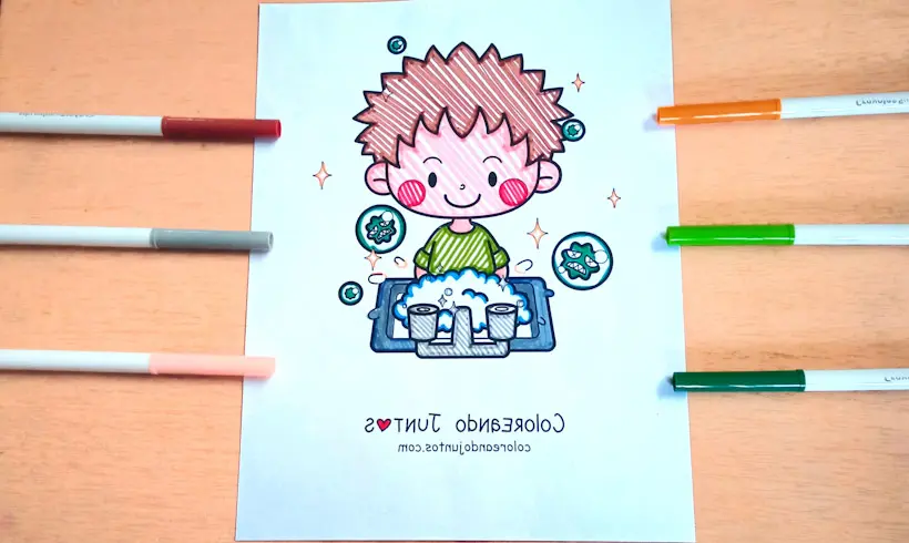 Dessin d'un enfant qui se lave les mains colorié par Colorions Ensemble