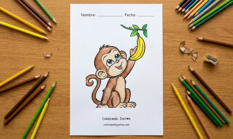 Dessin d'un singe assis avec une banane colorié aux crayons de couleur