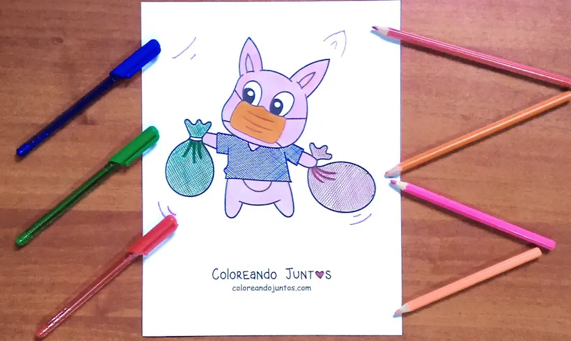 Coloriage d’un cochon animé sortant les poubelles, colorié par Colorions Ensemble