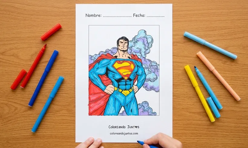 Dessin de Superman debout les mains sur les hanches colorié aux feutres