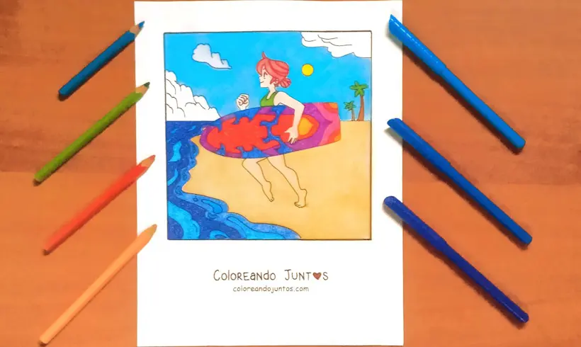 Dessin d'une surfeuse colorié par Colorions Ensemble