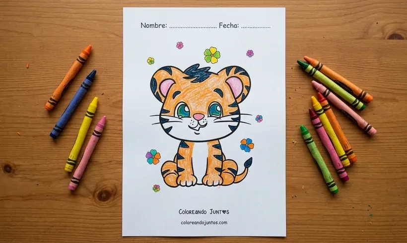 Dessin d'un bébé tigre parmi les fleurs colorié aux crayons de cire