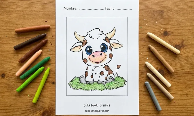 Dessin d'un petit veau aux grands yeux assis dans l'herbe, colorié aux crayons de cire
