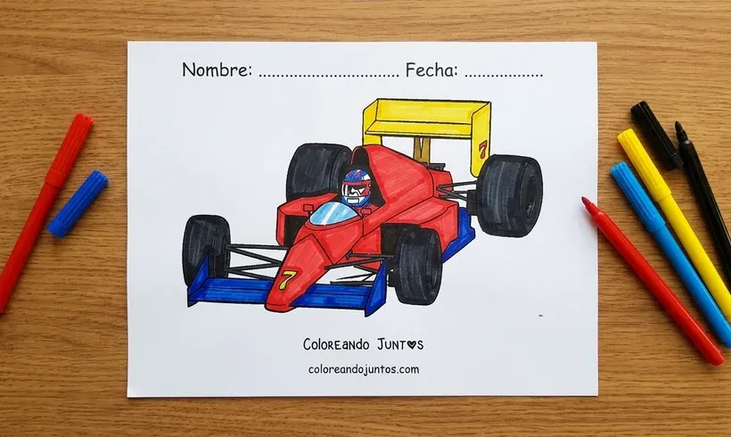 Dessin d'une voiture de Formule 1 avec son pilote colorié aux feutres