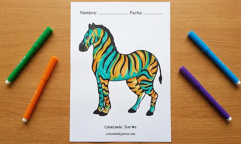 Coloriage d'un zèbre debout colorié aux feutres