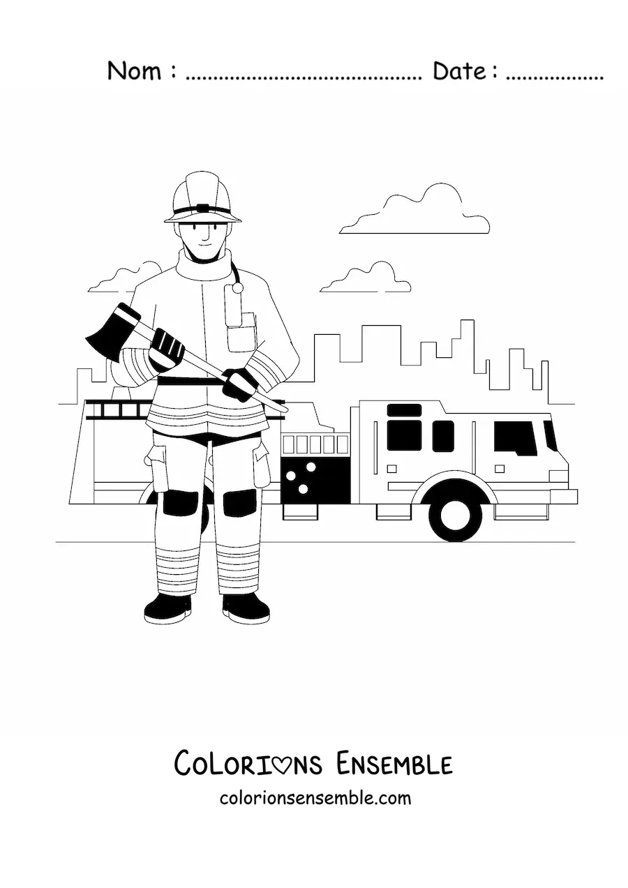 Image à colorier d'un pompier en ville à côté d'un camion