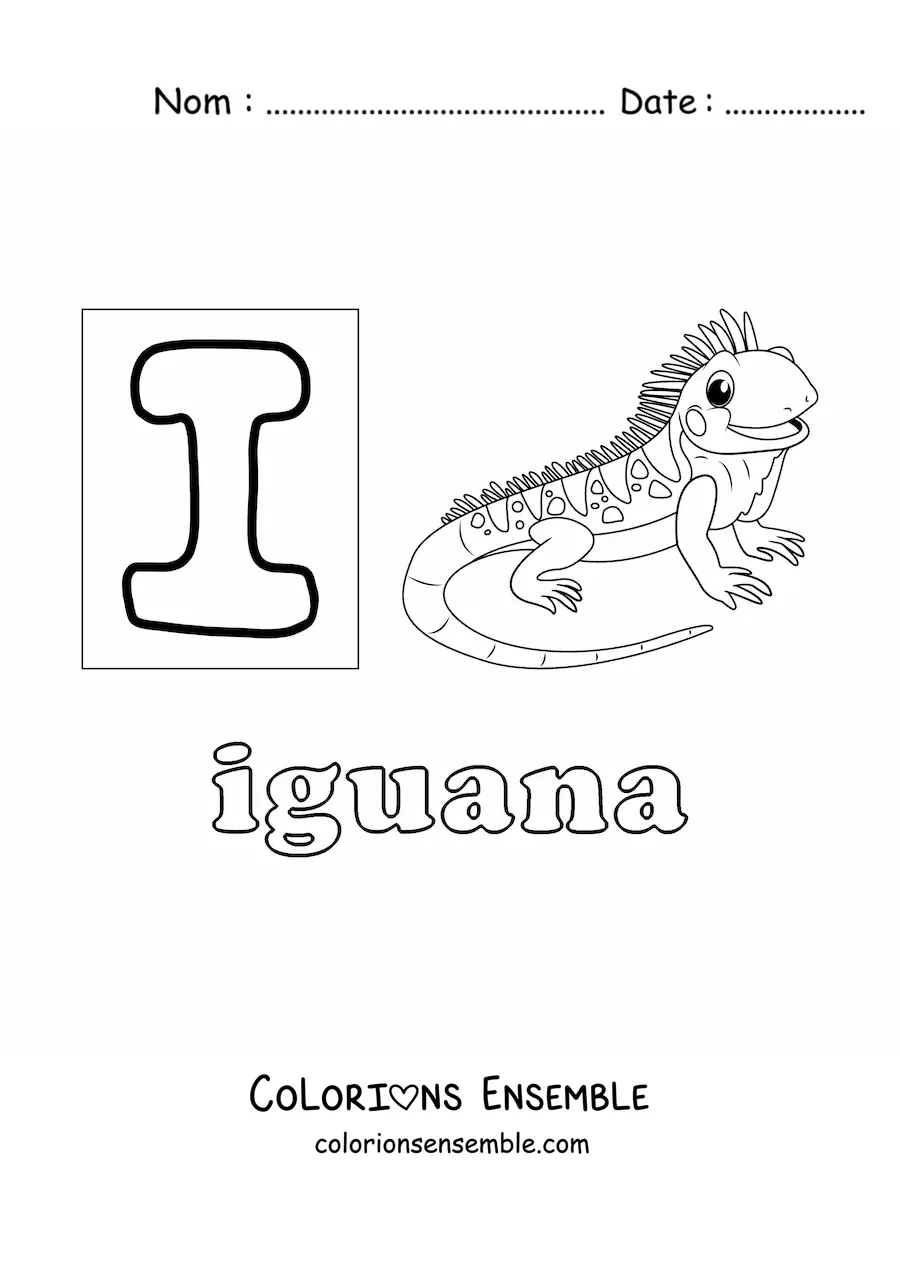 Image à colorier de la lettre I comme iguane