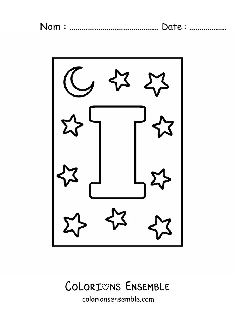 Image à colorier d'une lettre I majuscule avec des étoiles et une lune