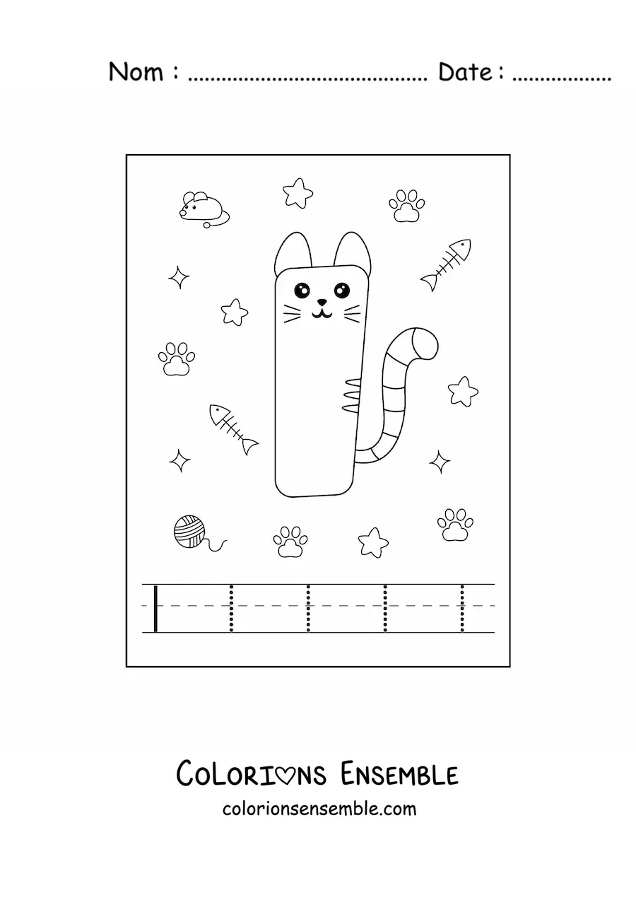 Image à colorier de la lettre I animée en forme de chat