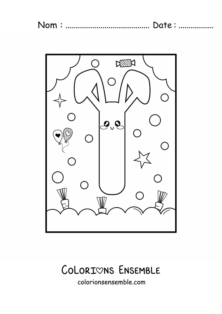 Image à colorier de la lettre I en forme de lapin kawaii animé