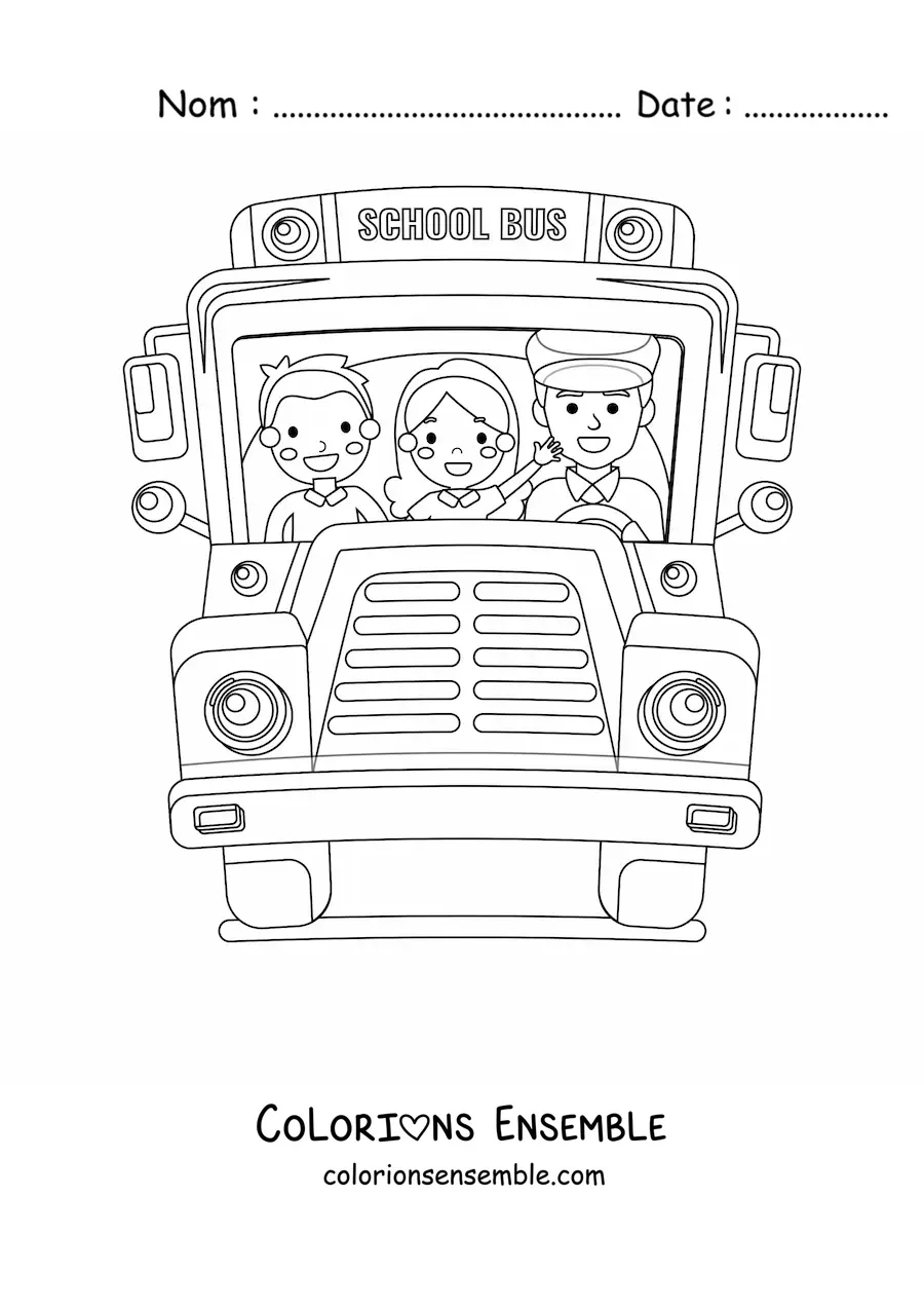 Image à colorier de la vue de face d'un autobus scolaire avec des élèves