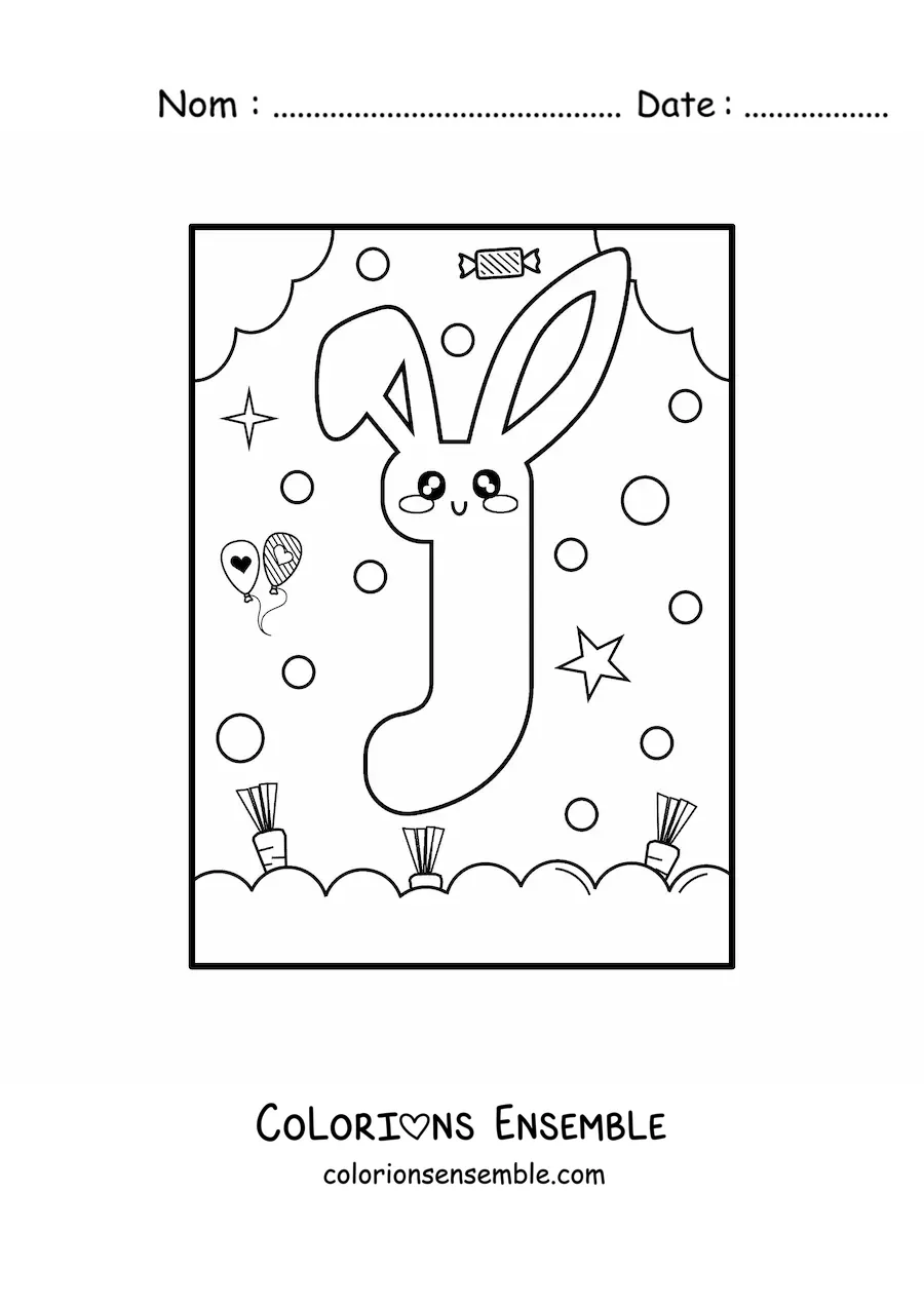 Image à colorier de la lettre J en forme de lapin kawaii animé