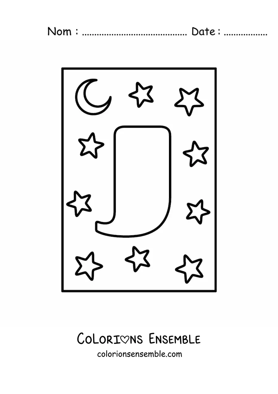 Image à colorier d'une lettre J majuscule avec des étoiles et une lune