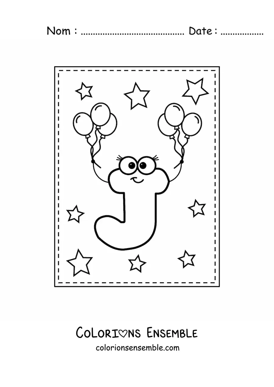 Image à colorier de la lettre J majuscule animée avec des ballons
