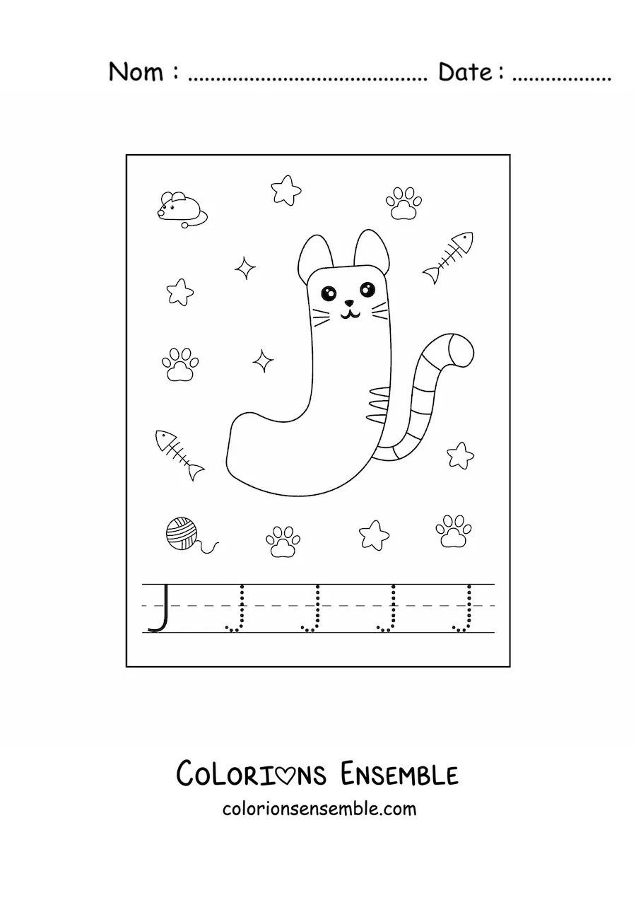 Image à colorier de la lettre J animée en forme de chat