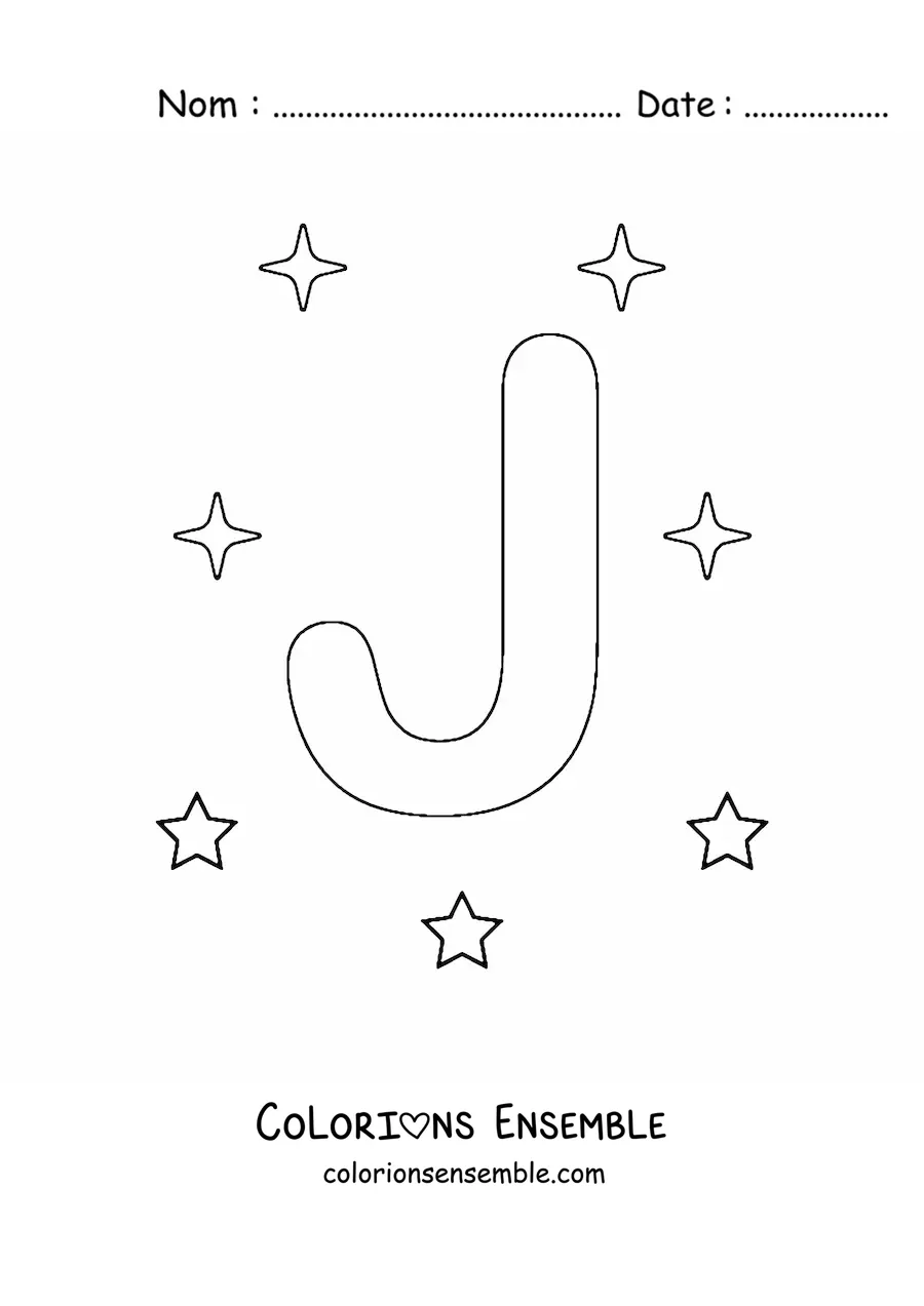Image à colorier d'une lettre J majuscule avec des étoiles