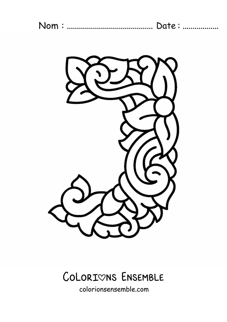 Image à colorier d'une lettre J majuscule décorée