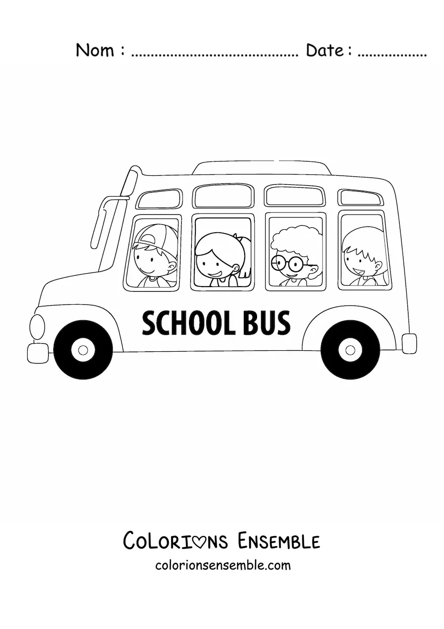 Image à colorier de plusieurs élèves animés dans un autobus scolaire