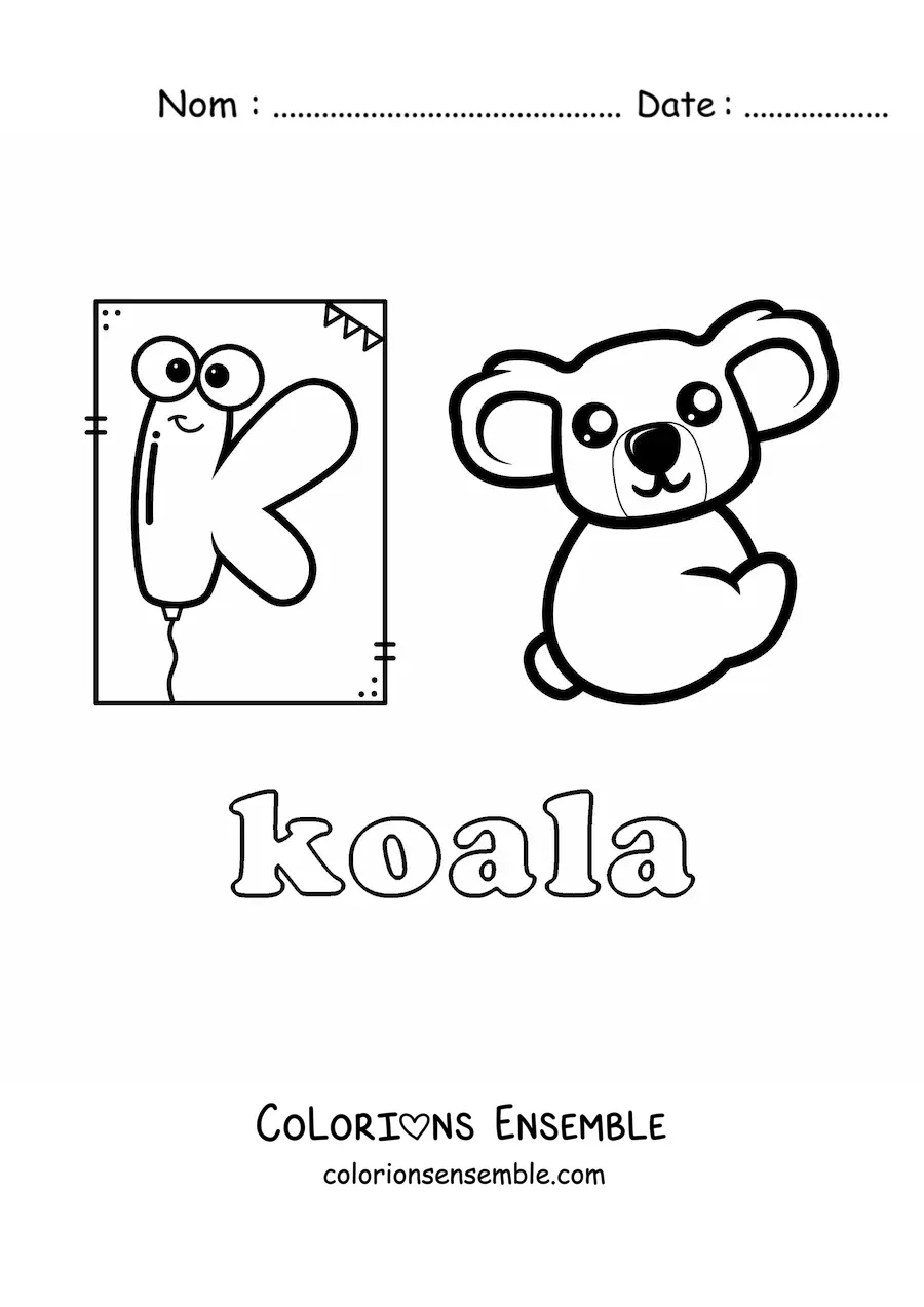 Image à colorier de la lettre K comme koala