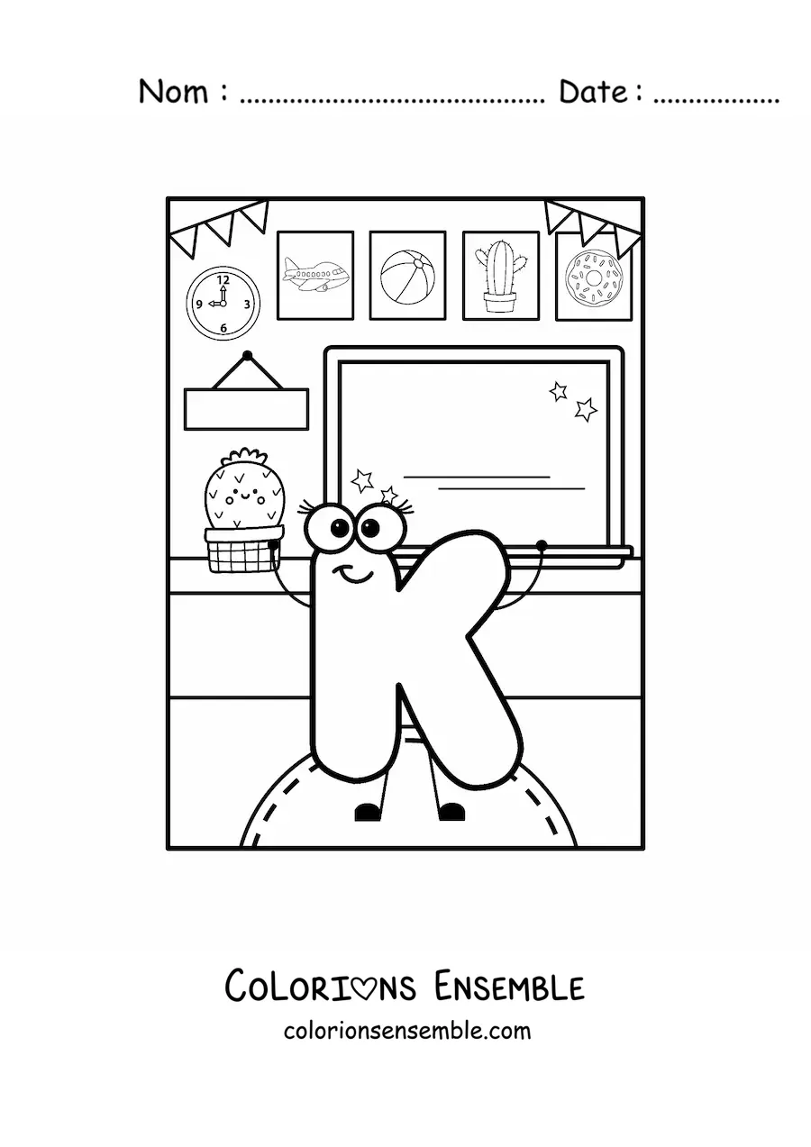 Image à colorier de la lettre K animée à l'école