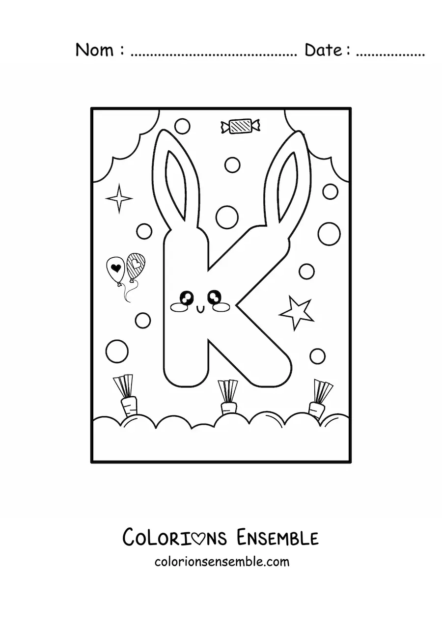Image à colorier de la lettre K en forme de lapin kawaii animé
