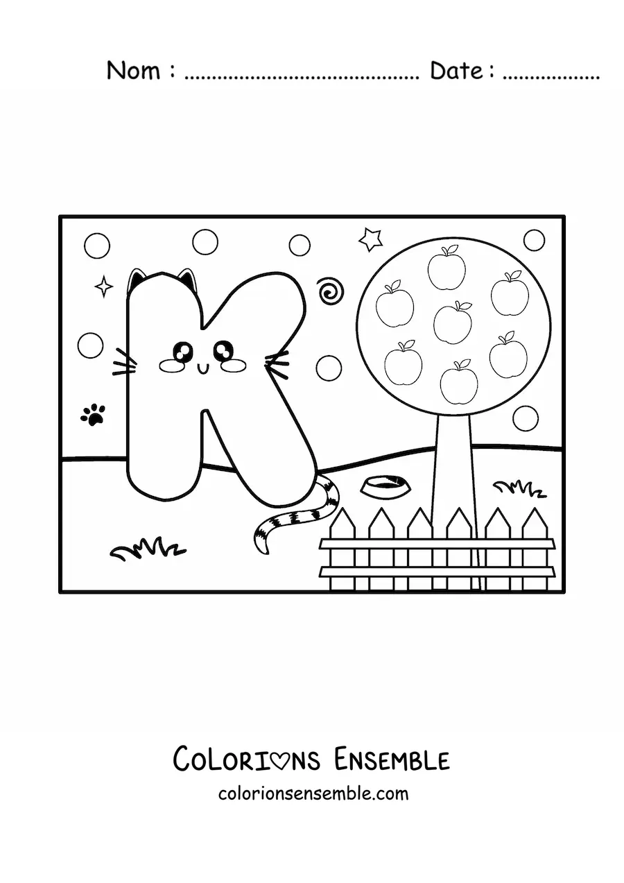 Image à colorier de la lettre K animée en forme de chat dans le parc