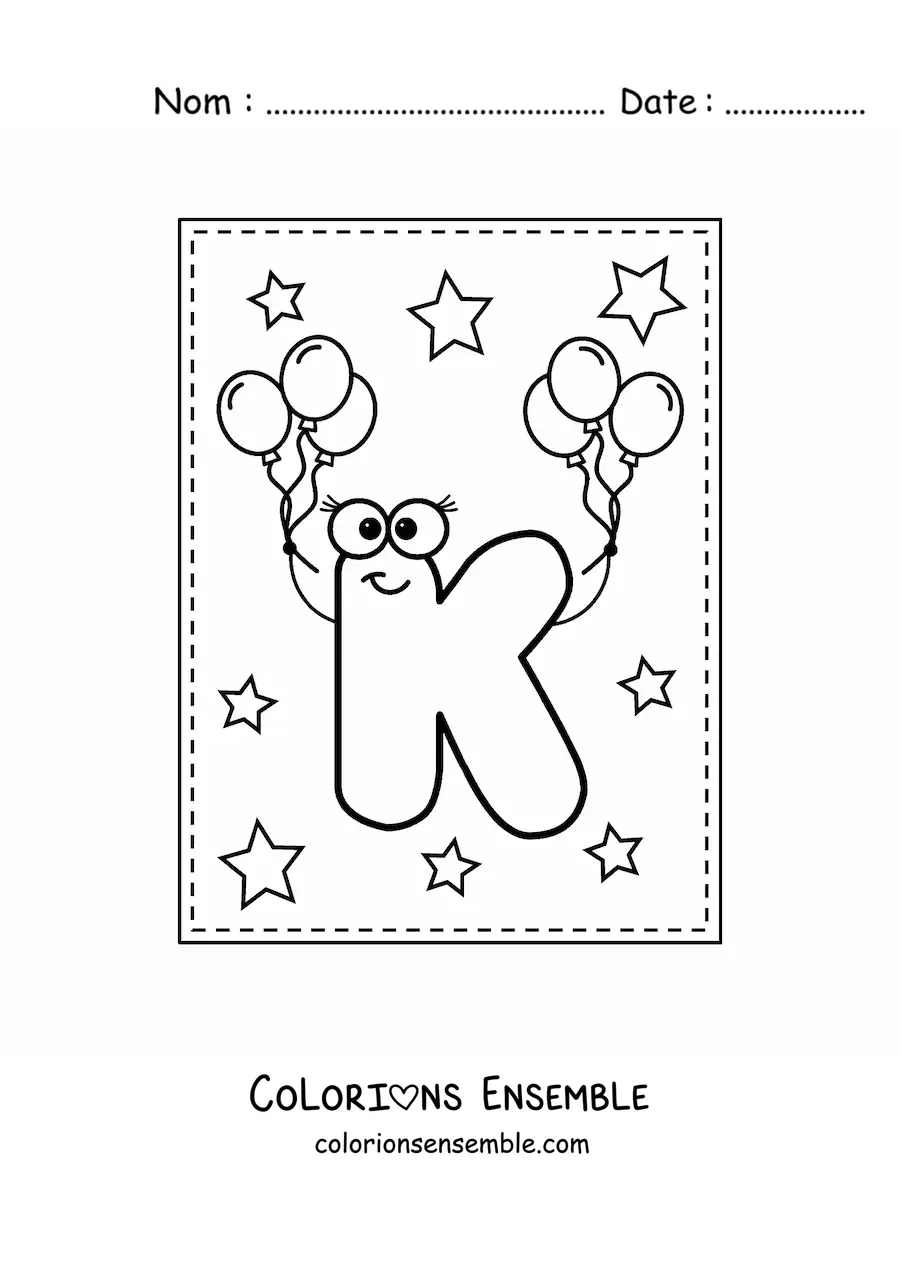 Image à colorier de la lettre K majuscule animée avec des ballons