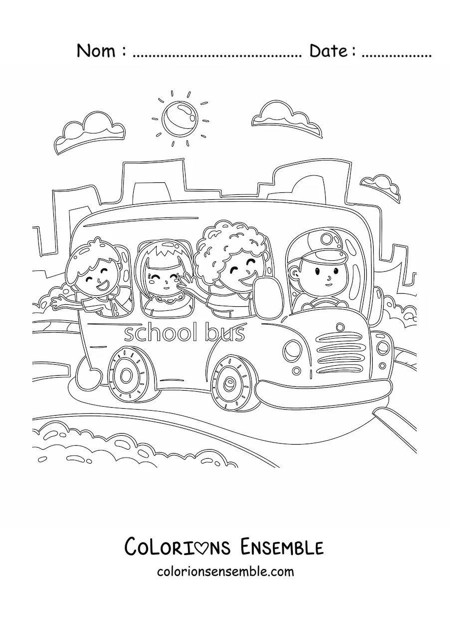 Image à colorier de plusieurs élèves heureux dans un autobus scolaire