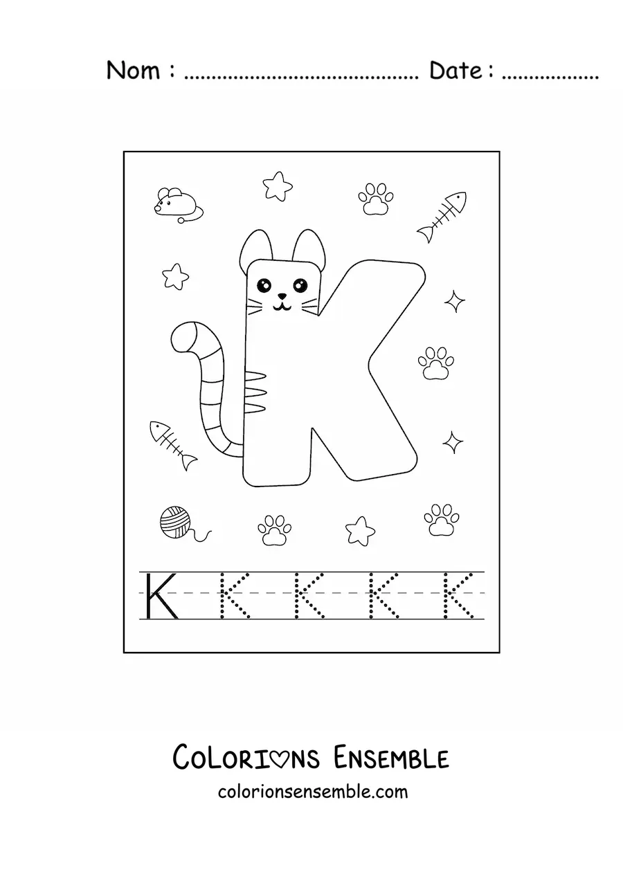 Image à colorier de la lettre K animée en forme de chat