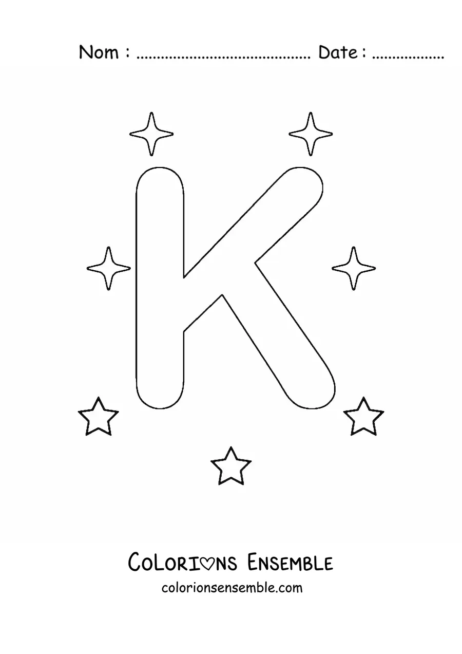 Image à colorier d'une lettre K majuscule avec des étoiles