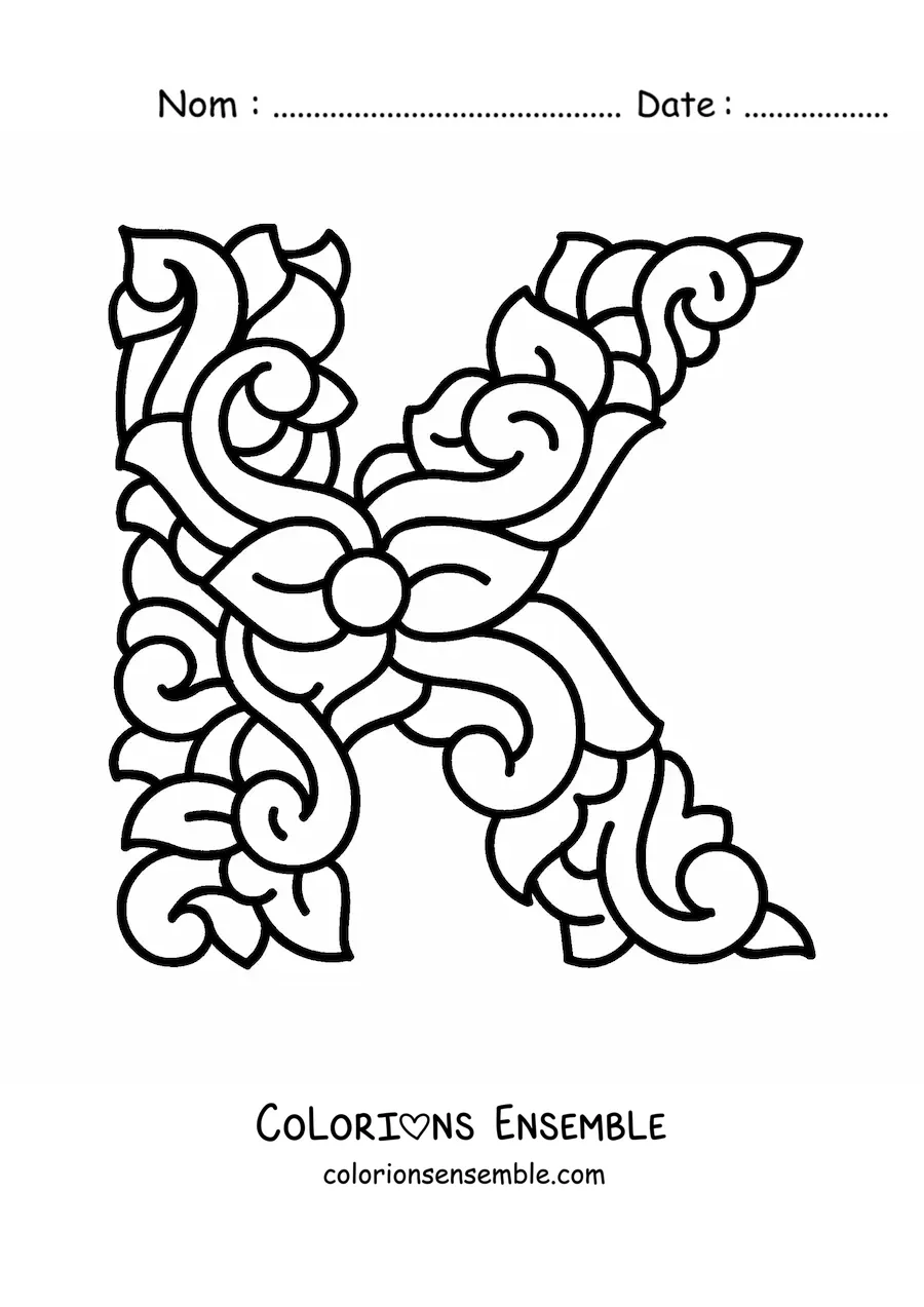 Image à colorier d'une lettre K majuscule décorée