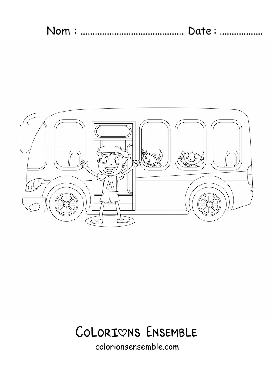 Image à colorier d'élèves animés dans un autobus scolaire