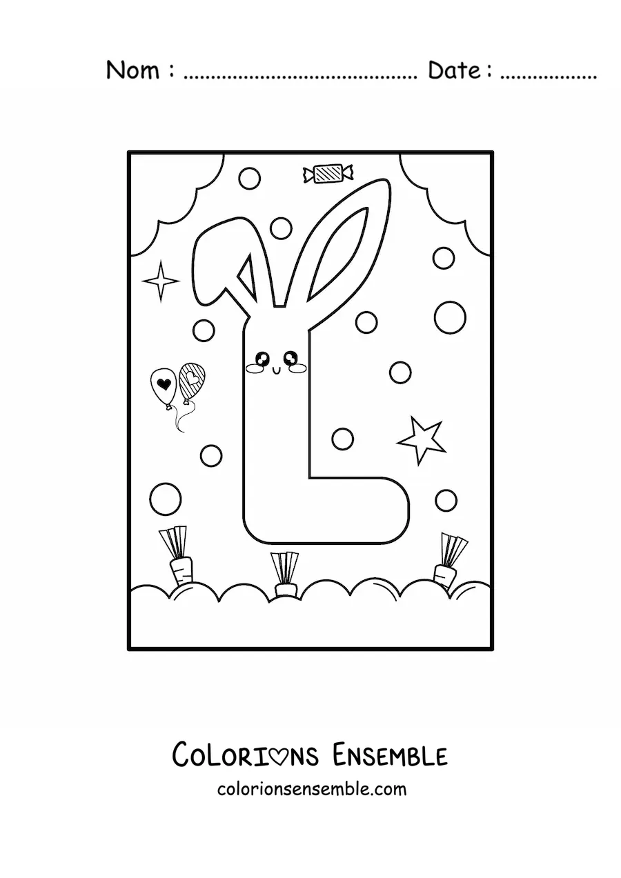 Image à colorier de la lettre L en forme de lapin kawaii animé