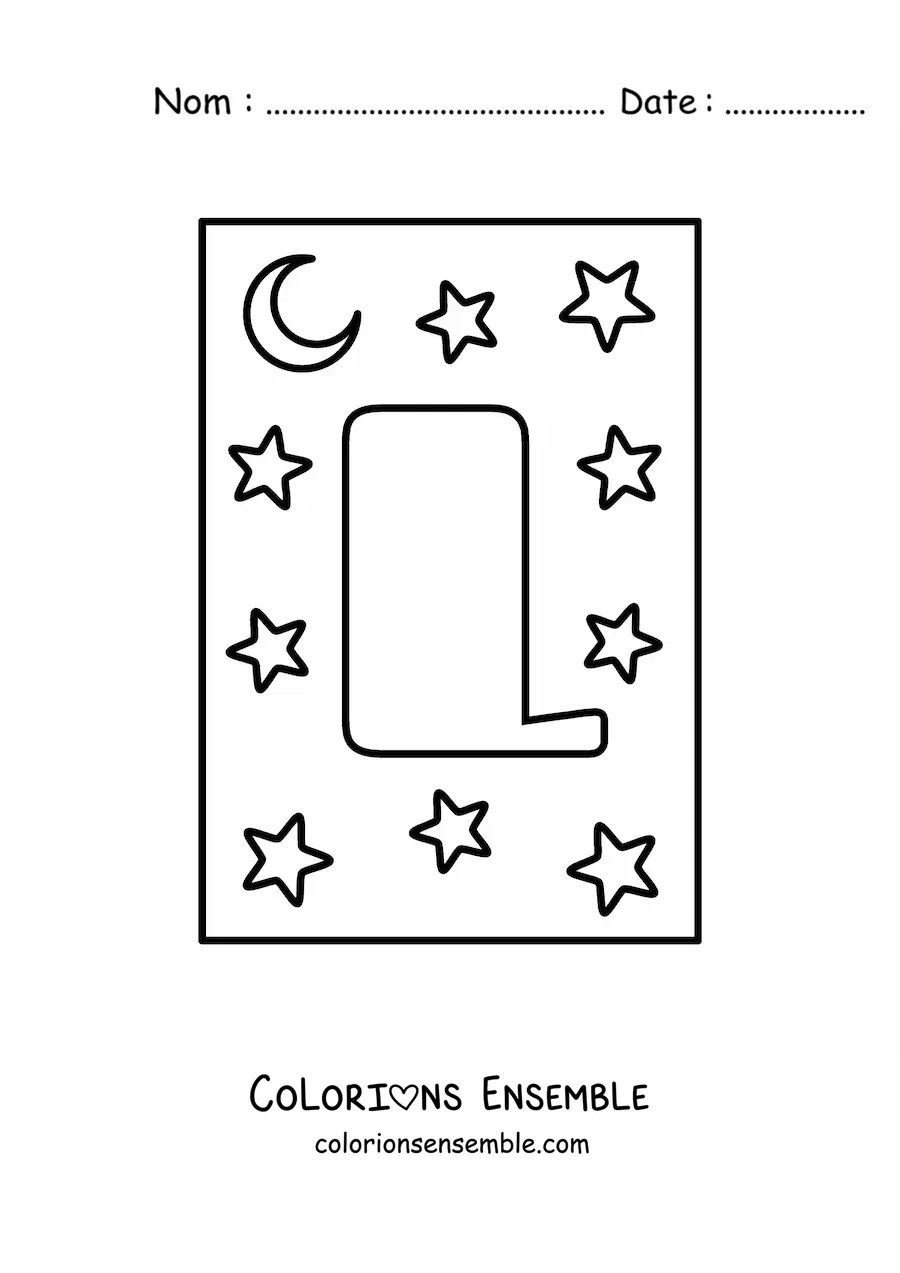 Image à colorier de la lettre L majuscule avec des étoiles et une lune