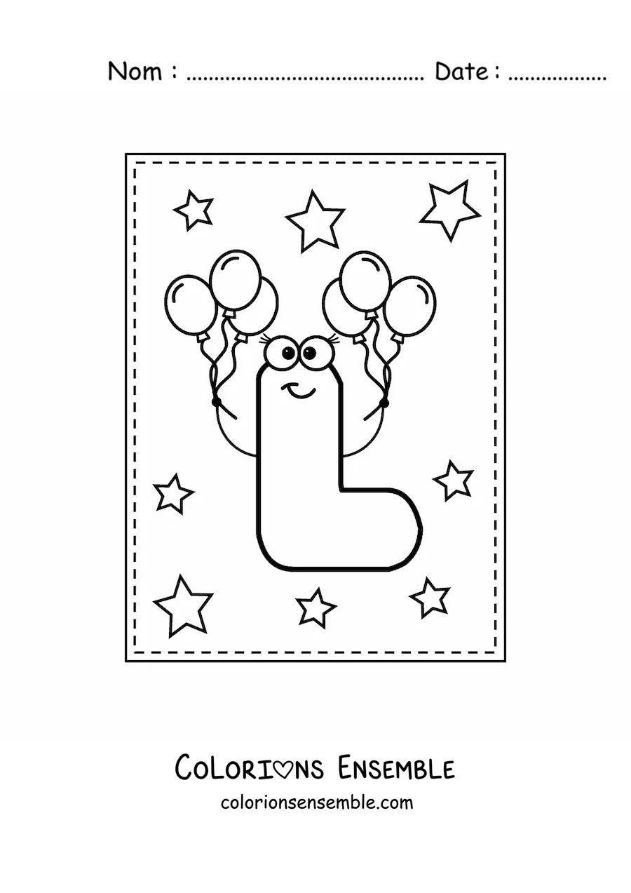Image à colorier de la lettre L majuscule animée avec des ballons