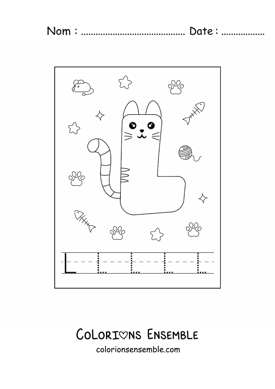 Image à colorier de la lettre L animée en forme de chat