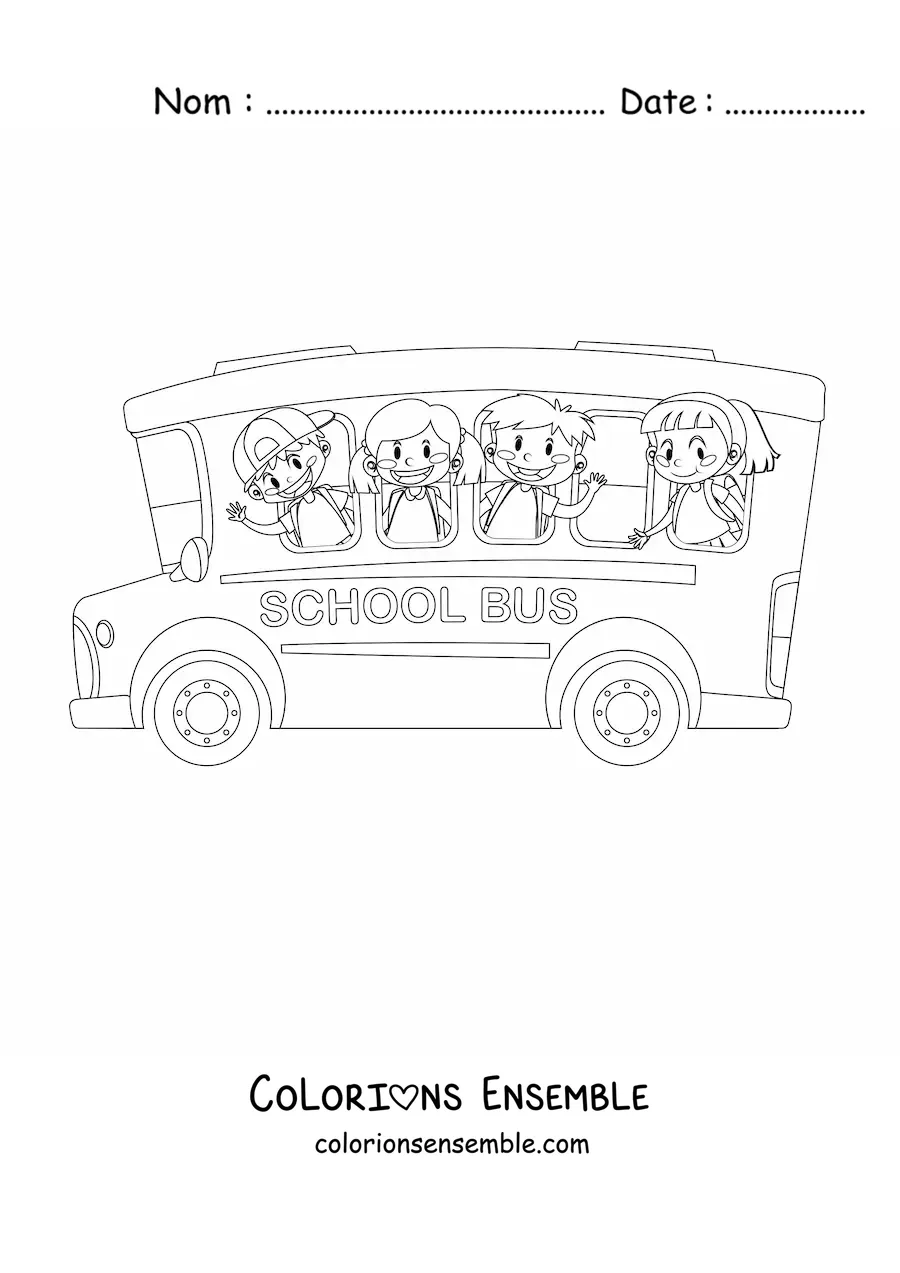 Image à colorier de quatre élèves saluant depuis les fenêtres d'un autobus scolaire