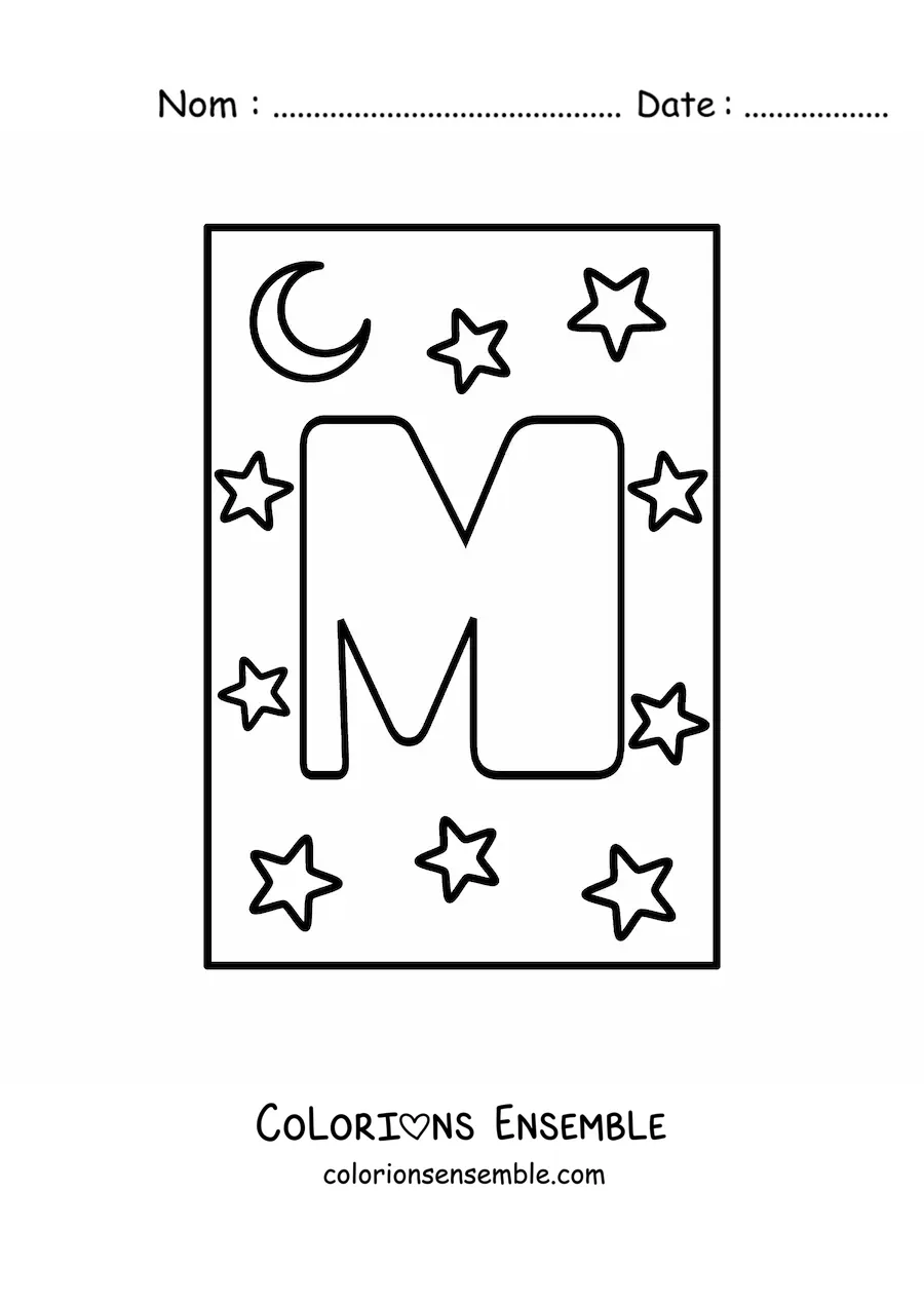 Image à colorier de la lettre M majuscule avec des étoiles et une lune